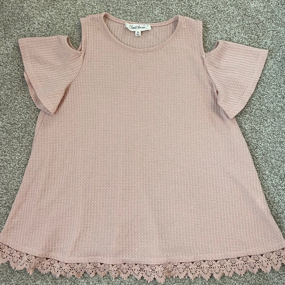 Pink Cold Shoulder Top with Lace Edging